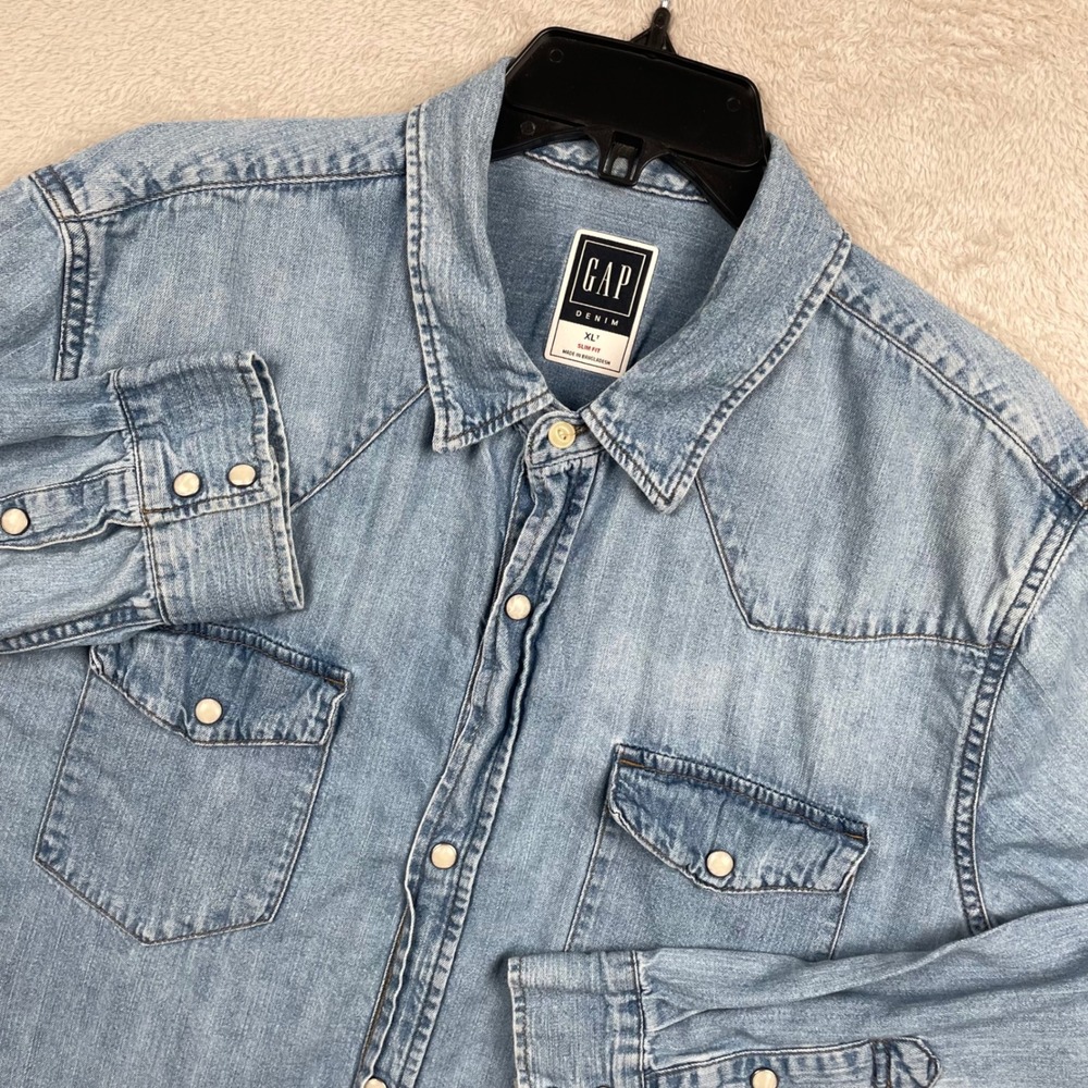 Gap Denim Shirt Men XLT Tall Slim Fit Blue Western Pearl Snap Long Sleeve Cowboy